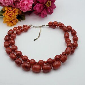 Vintage Red Marbled Lucite Double Strand Chunky Beaded Necklace 21" Adj. Retro